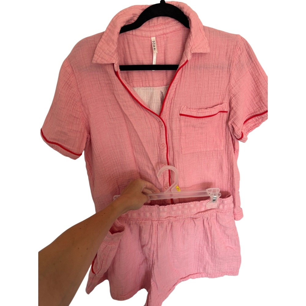 Soma Pink Cotton Gauze Pajama Set Short Sleeve Button Top L Shorts XXL Red Trim